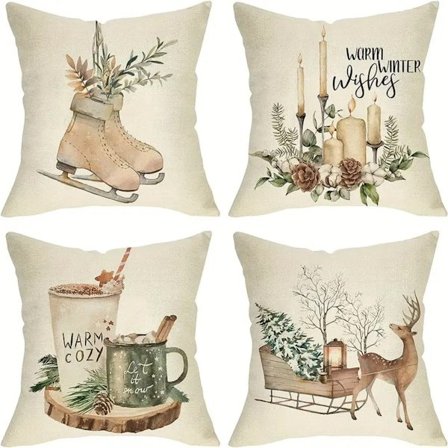 Juleputetrekk 18x18 tommer, sett med 4 isstøvler, slede, voksmønster, dekorative pynteputer, vinterjulsdekorasjon, hjem, sofa