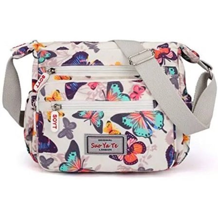 Dame Multi-Pocket Casual Crossbody Håndtasker Vandtæt Nylon Skuldertasker (Sommerfugl-Hvid)