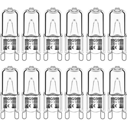 12-pakning G9 halogenpærer 28W 230V 2800K varmhvit 390lm, klare kapselhalogenlamper dimbare, ingen strobe, ingen flimring