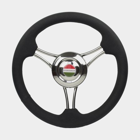 Timón lancha a motor Hydrodrive 16121-VSB, acero inoxidable, Ø350 mm, con cubo, compatible con eje de timón de 3/4′′ (19 mm), negro/cromo