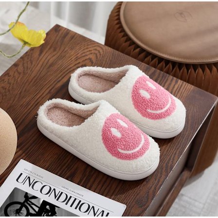 Söta leende ansikte tofflor för män och kvinnor, mjuka, plysch, bekväma och varma, ett steg par lyckliga ansikte tofflor