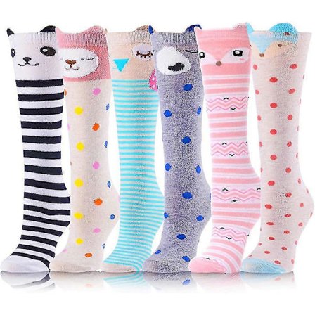 【PP】Lange knestrømper for jenter, 6 par, morsomme dyremønstre, høye, sprø, søte_Bra ting