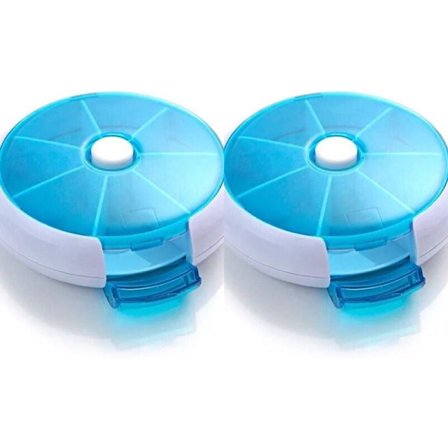 Set med 2 pilleraskar, 7 runda fack med veckovis bricka, 7 dagar, blå