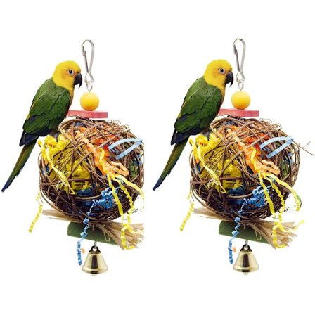 Papegøye Bur Shredded Paper Toys, Fugletyggeleker, Rattan Ball Børstet Gress Nibbling Ball Fôring Leker, Fôring Hengeleker for Cockatiels 2 Pack