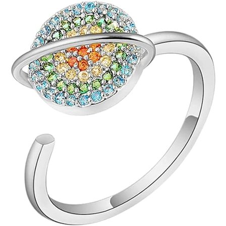 (Silver) S925 Sterling Silver Ring Utsökt Färgglad Rhinestone Ring Dam Smycken Personlighet Öppen Roterande Ring Kristall Blomma Ring Anti-Stress