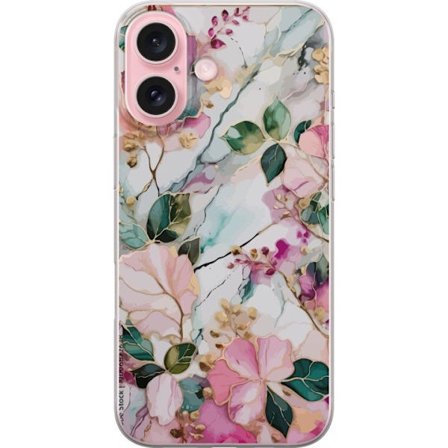 Kompatibel Mobilcover til Apple iPhone 16 Abstrakt marmormønster med blomster, blade og gyldne detaljer i bløde pastelfarver