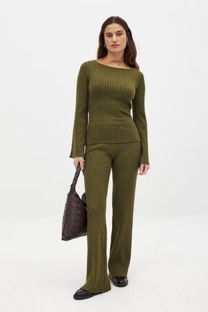 Annabel Rosendahl x NA-KD Rib Knitted Trousers - Strikbukser - Grøn - M (EU 38-40)