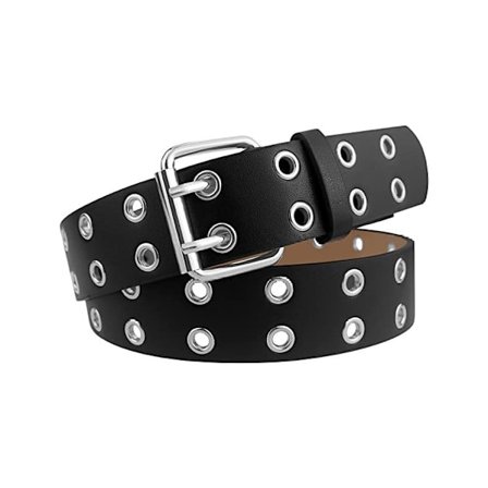 Dame skinnbelte med maljer, svart belte for kvinner og menn med doble stifter
