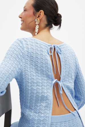 NA-KD Knitted Crochet Back Detail Top - Strikkede toppe - Blå - S (EU 34-36)