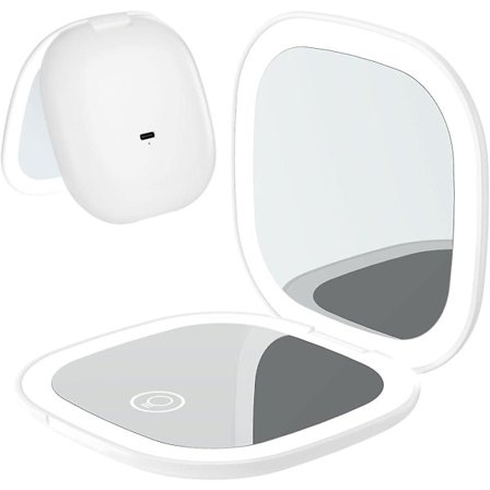 Resväska med förstorande spegel, upplyst kompakt smink spegel, uppladdningsbar LED kosmetisk spegel, dubbelsidig 1x 5x