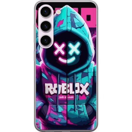 Kompatibel Mobilcover til Samsung Galaxy S23 Roblox neon hættegenser close-up med intensiv close-up af kostume karakter i pink og blå neon lys, der gi