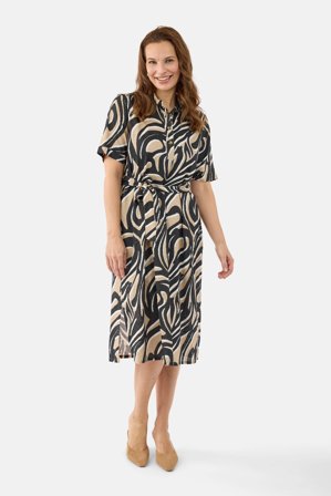 SIGNATURE - Knælang Kjole - Sort / Sand - Med Bindebånd