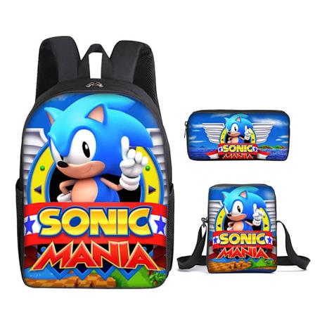 SONIC ryggsäck Sonic grundskola ryggsäck 3-delad set tecknad film tecknad ryggsäck axelväska pennfodral V-stil-WELLNGS Style V three-piece