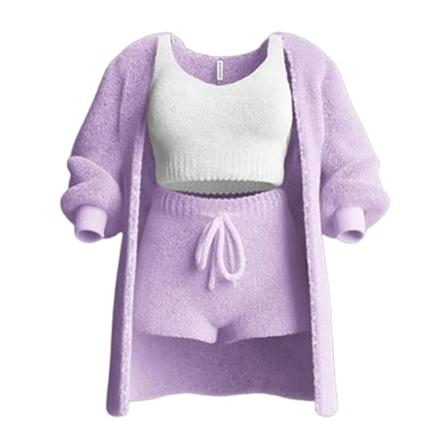 Dam 3-delad mysig plyschpyjamas, stilren mjuk lös sömnkläder för inomhussovrum, lila Purple XXL