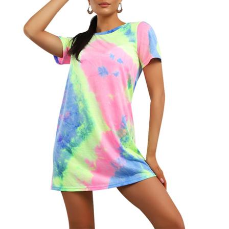 Casual Tie Dye T-shirt Klänning Kortärmad Print Sommar V-