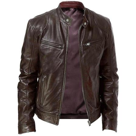 Yynuda en's Vintage Stand kaulus Pu-läderjacka Brown M