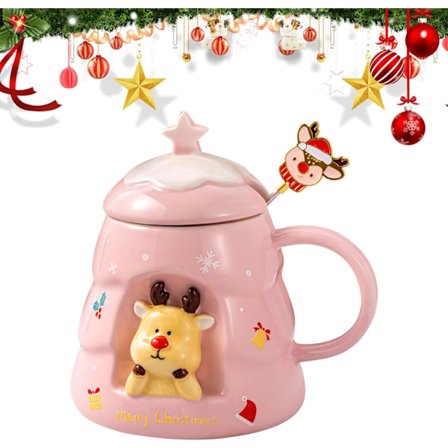 Julekaffekrus med ske 450 ml Keramisk juletræskaffekop med låg Festival Santa Rensdyr Søde juletræskrus