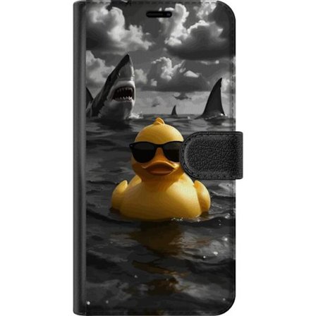 Kompatibelt Lommeboketui til Samsung Samsung Galaxy A56 En kul gul badeand med solbriller flyter rolig i havet mens haier sirkler i dramatiskt vann og
