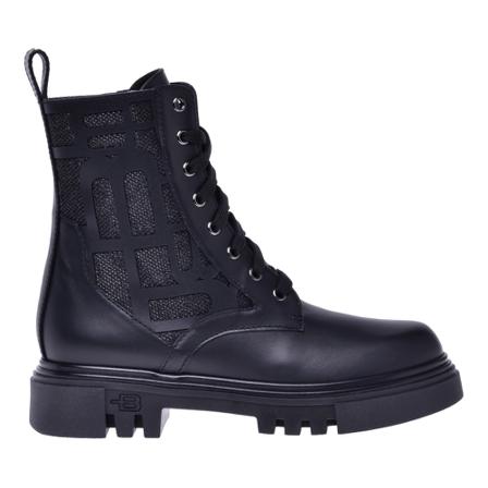 Baldinini Combat Støvler in black leather and glitter fabric Sort, Dame, Størrelse: 35 EU