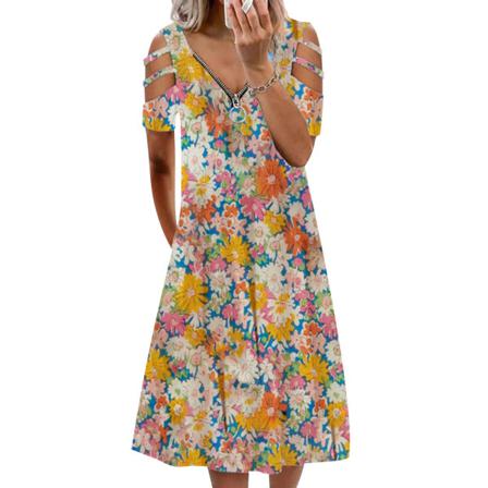 Print Blommönster Kortärmad Klänning Kvinnor Sexig Sommar V-ringad