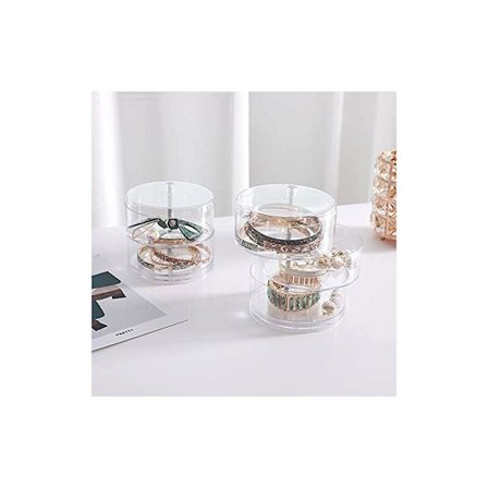 3-lags Smykkeskrin og 2-lags Smykkeskrin 360 Graders Rotation Transparent Rundt Opbevaringsboks til Halskæder Armbånd Ringe Med 4 Klistermærker 
