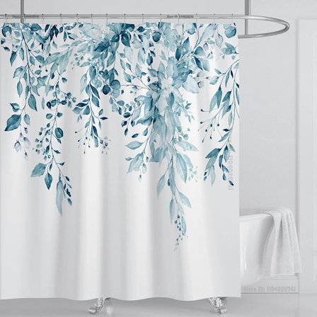 Smaragdgrön Eukalyptus Duschdraperi, Sammanlänkande Växtblad med Blommigt Duschdraperi Set med Krokar, B150xH180cm