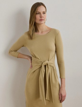 Lauren Ralph Lauren Tie-Front Cotton-Blend Crewneck Dress - Beige - XS