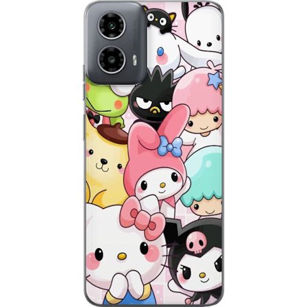 Kompatibel Mobilcover til Motorola Moto G34 Tæt mønster af søde figurer med store øjne i forskellige farver og udtryk med LABUBU-tekst