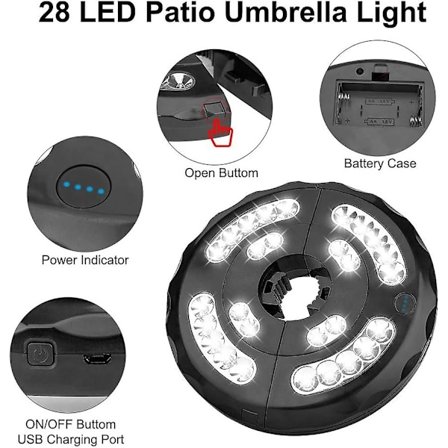 Aurinkovarjolamppu, 28 LED-valolla varustettu aurinkovarjo, 3 tilaa, ladattava valaistus, aurinkovarjolamppu ja suuri sateenvarjo retkeilyyn, 
