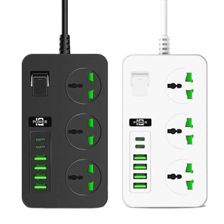2-pak universelle skjøteledninger med 6 USB-porter, 2 m lang ledning, overspenningsbeskyttet veggadapter, strømstripe med bryter, sikringsuttak EU-