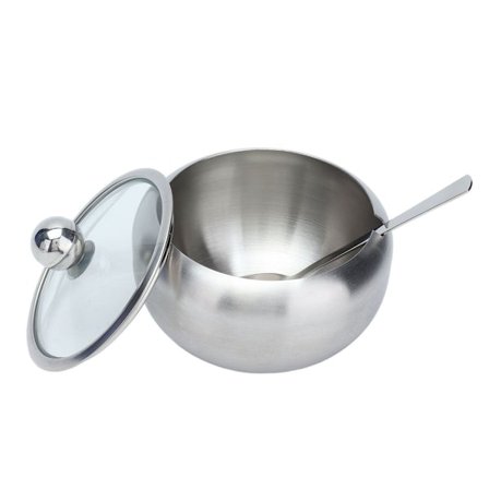 Sukkerskål i rustfritt stål med klart lokk og skinnende integrert skje KLB