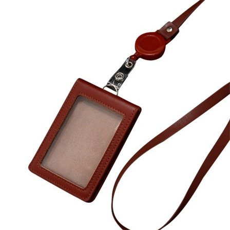 Kortholder i lær med transparent vindu, kortbeskytter, badgeholder med snor, rødbrun