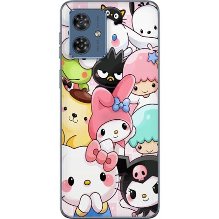 Kompatibelt Mobildeksel til Motorola Moto G54 Tett mønster av søte figurer med store øyne i ulike farger og uttrykk med LABUBU-tekst