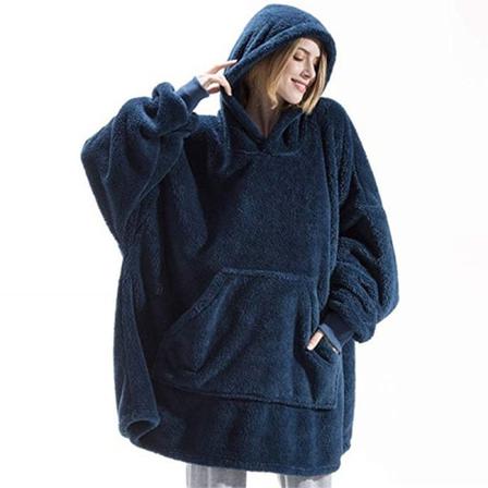 Mub - Syksy- ja talvi mukava löysä kaksisuuntainen samettihupullinen ja paksu huopa loungewear hupparipeitto Navy blue