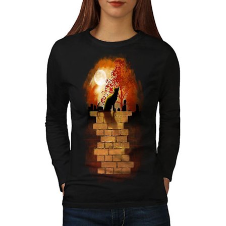 Sunset Nature Söt Katt Kvinnor Blacklong Sleeve T-shirt