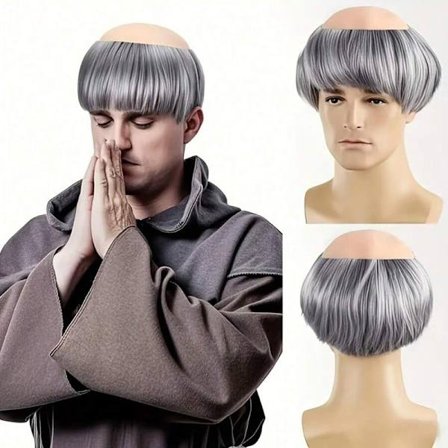 [Brun munkperuk] Brun rak kort herrrakad munkperuk | med mössa, perfekt för Halloween-kostym, temafester och rollspel (Cosplay)