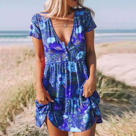 Kvinnor Plus Size Blommor Print Mini Klänning V-neck Kort Ärm Fol