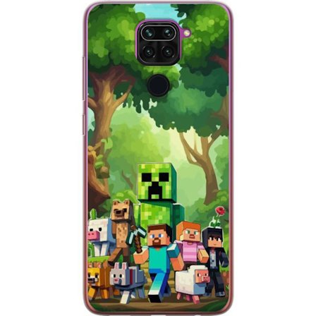 Yhteensopiva Puhelinkuori Xiaomi Redmi Note 9 Jämäkkä pikselöity pelimaailma, jossa vihreät hahmot ja eläimet rehevässä metsäympäristössä