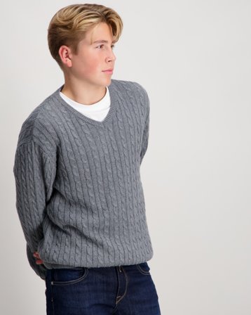 Grunt GRAron LS V-Neck Cable Knit Grå Genser Gutt - Kids Brand Store