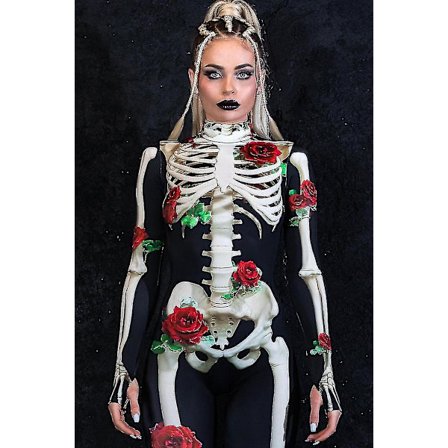 Halloween-kostyme for kvinner 2024, Endelt skjeletkostyme med roser, Dødsdagskostyme, Skjeletbodysuit, Halloween-kostyme for voksne -ZZY