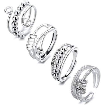 4 st fidget spinner-ringar för kvinnor – öppna snurrande knogringar, stapelbara ringar, justerbara antistressringar i rostfritt stål