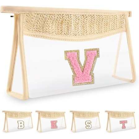 Genomskinlig Sminkväska med Initial, Liten Söt Kosmetisk Dragkedjeväska Beige Chenille Varsity Bokstav Toalettväska, Monogrammerad Resetoalettväska M