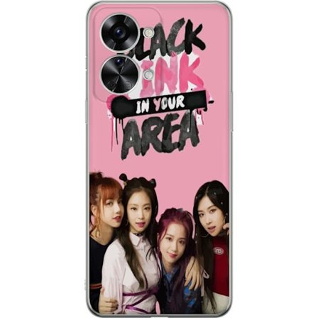 Yhteensopiva Puhelinkuori OnePlus Nord 2T BLACKPINK In Your Area, jossa ryhmäkuva Lisa, Jennie, Jisoo ja Rosé vaaleanpunaisen taustan edessä, vahvasti