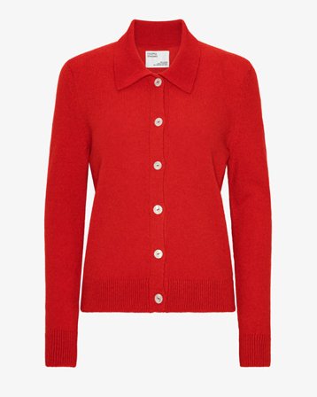 Women Merino Wool Collar Cardigan - Red Tangerine