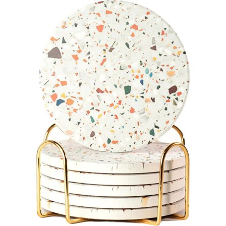 Keramisk coastersæt med metalholder, 6 stk., marmorlook til drinks, bar, kopper, bord, kompatibel med de fleste mærker