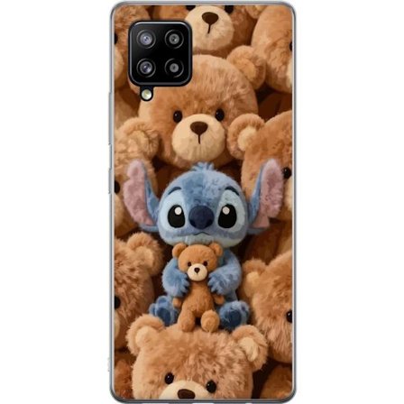 Kompatibelt Mobildeksel til Samsung Galaxy A42 5G Stitch omgitt av brune teddybjørner med en liten teddybjørn i fanget i en søt og koselig kawaii-desi