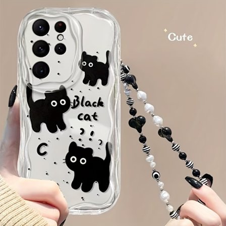Transparent Svart Katt Sött Telefonfodral Kompatibelt med Galaxy Samsung S24 Ultra, S24 FE, S25 Ultra, Samsung A15, A52, S24 Cream Mönster, A54, A16-