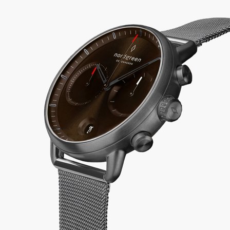 Nordgreen - Klassische Skandinavische Designer Herrenuhr - Anthrazit - Braunes Ziffernblatt - 42mm Mesh Armband Anthrazit