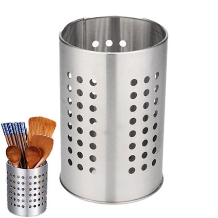 Kjøkkenutstyrsholder i rustfritt stål, tørkesylinder for kjøkkenutstyr med dreneringshull, bestikkholder