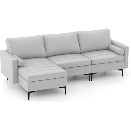 COSTWAY 3-4 personers hjørnesofa, luftlæder med 2 USB-porte, venstre eller højre, 3 hynder, 240 x 130 x 80 CM Grå